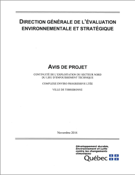 PR1.1 - COMPLEXE ENVIRO PROGRESSIVE LTÉE. Avis de projet, novembre 2016, 10 pages.